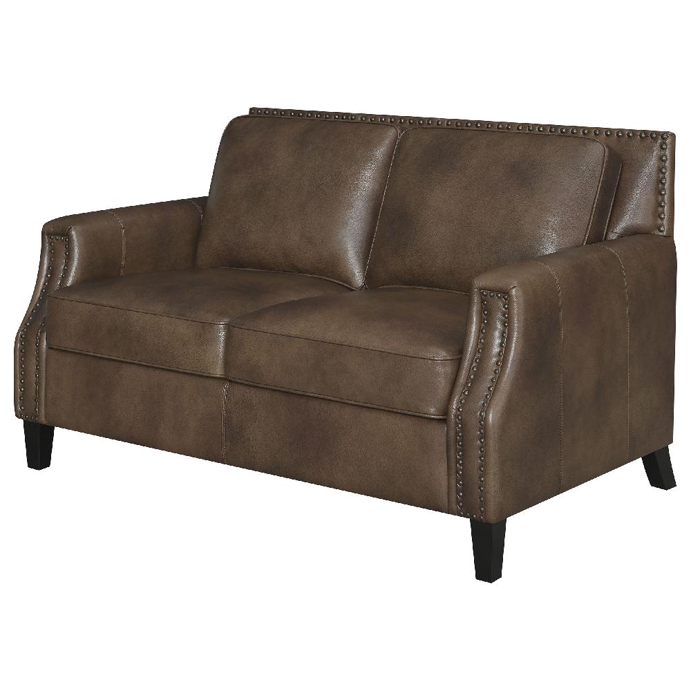 Coaster Leaton Upholstered Recessed Arm Loveseat Brown Sugar
