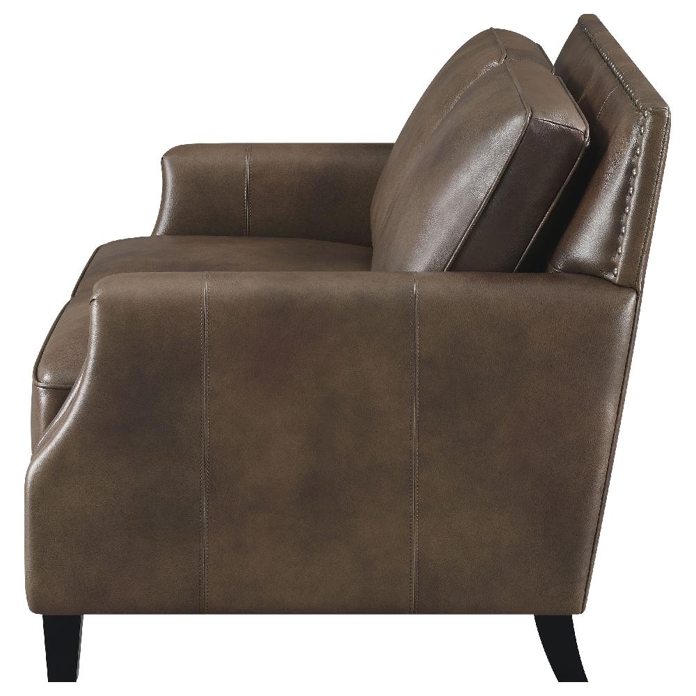 Coaster Leaton Upholstered Recessed Arm Loveseat Brown Sugar