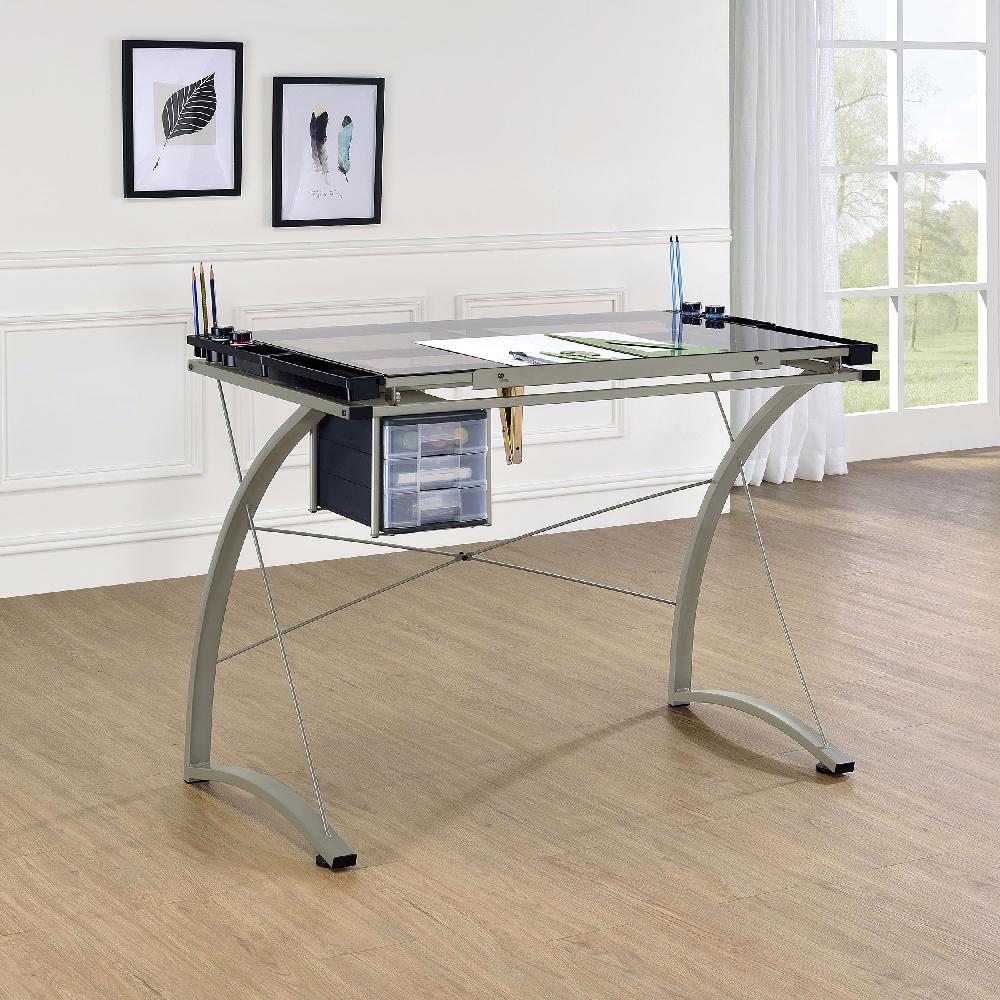 Coaster Melo 41-inch Glass Top Drafting Table With Storage Silver