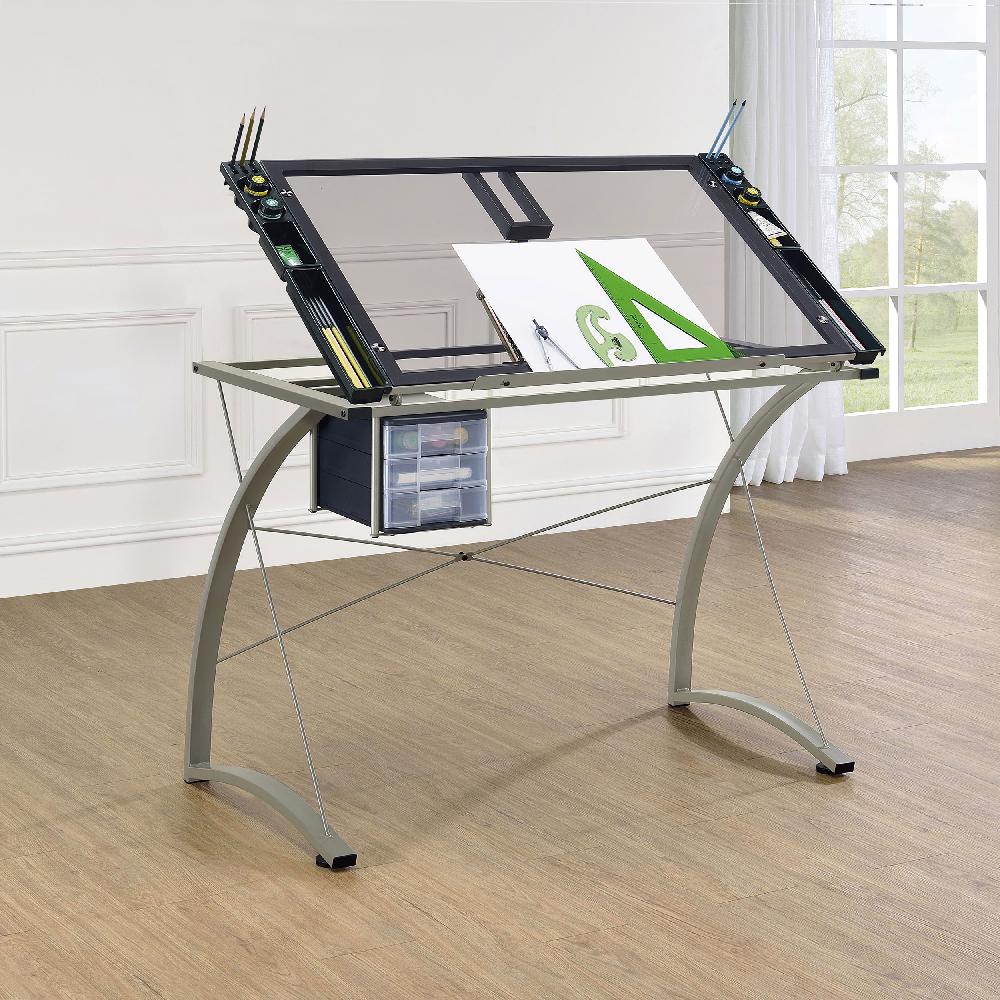 Coaster Melo 41-inch Glass Top Drafting Table With Storage Silver