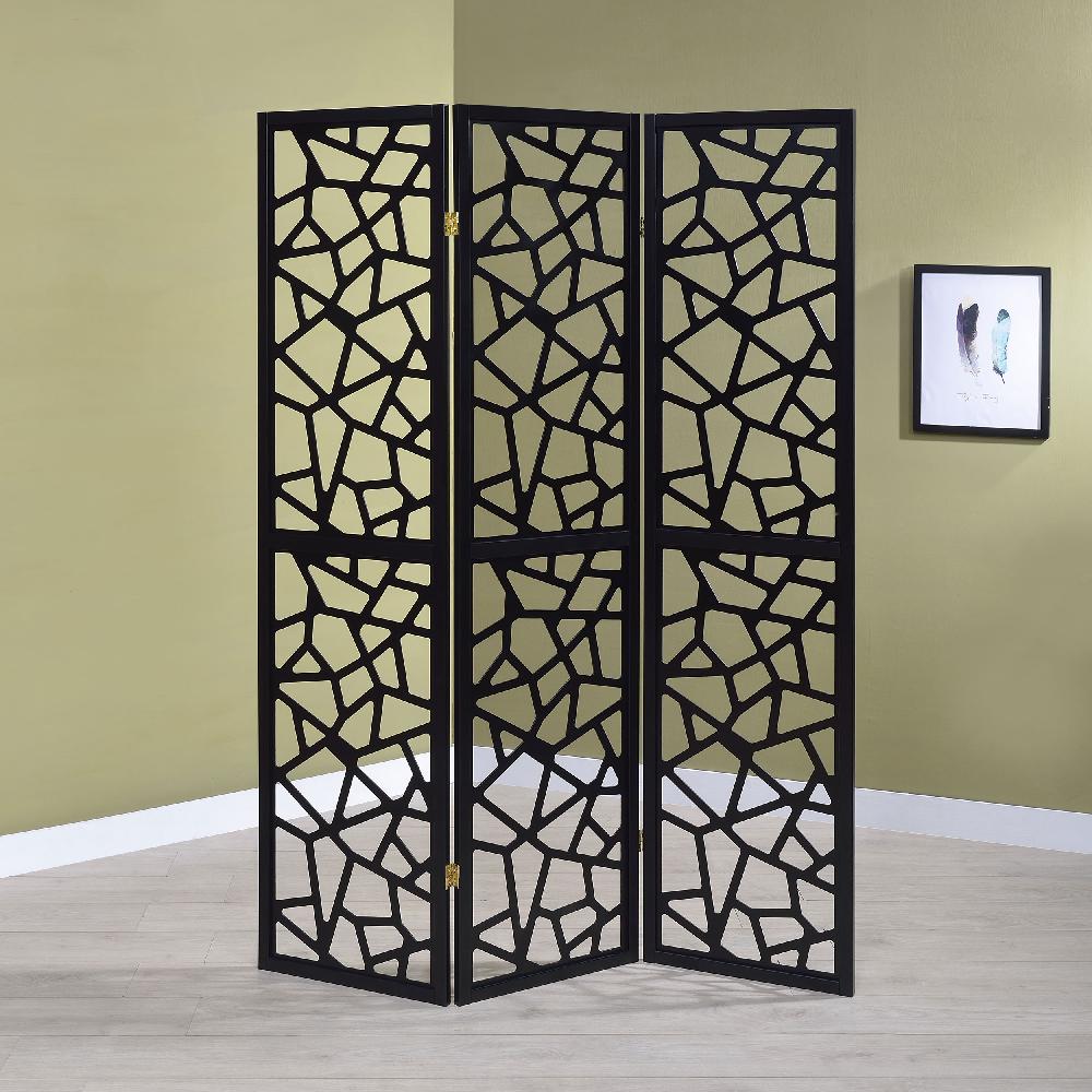 Coaster Nailan 3-Panel Room Divider Folding Screen Black Open Mosaic
