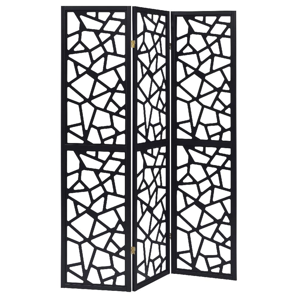 coaster Nailan 3-Panel Room Divider Folding Screen Black Open Mosaic