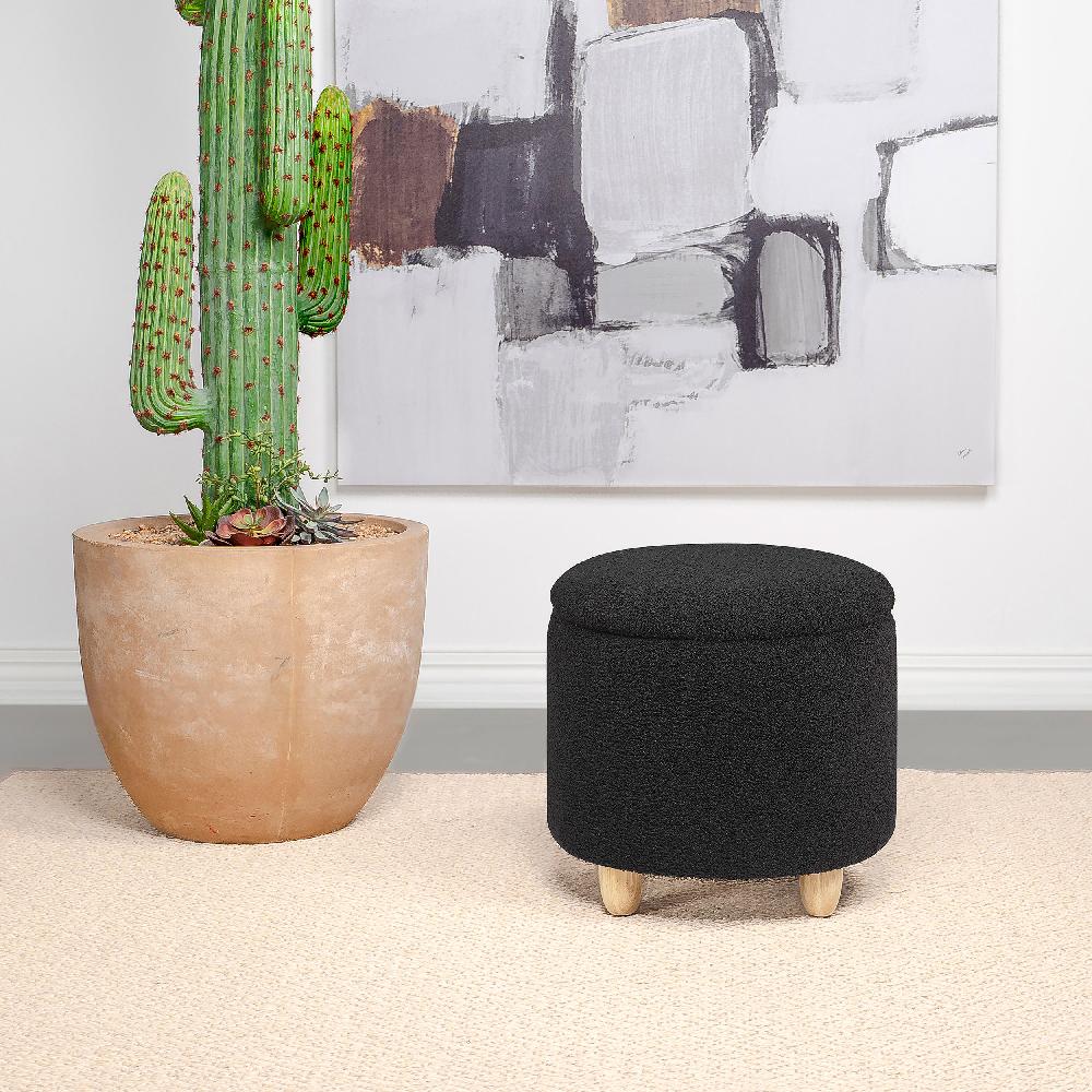 Coaster Valia Faux Sheepskin Upholstered Round Storage Ottoman Black