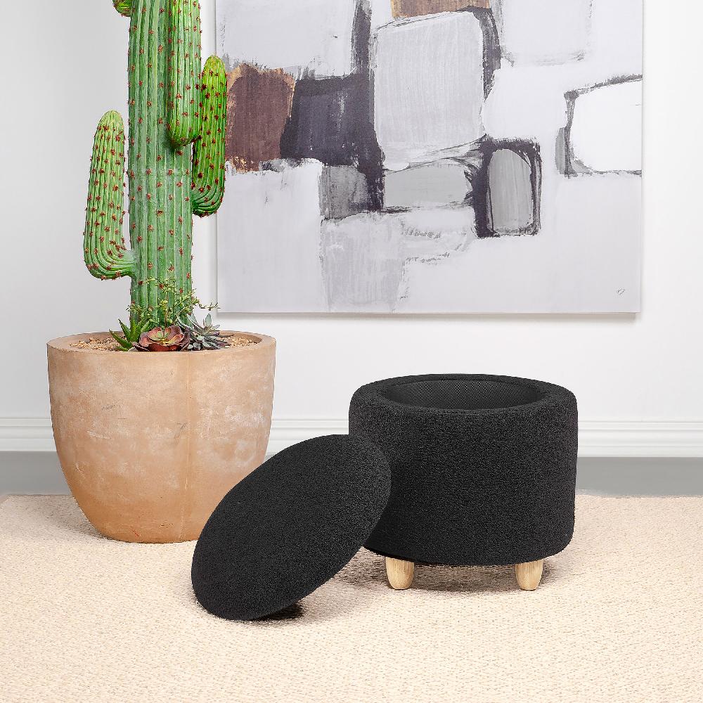 Coaster Valia Faux Sheepskin Upholstered Round Storage Ottoman Black