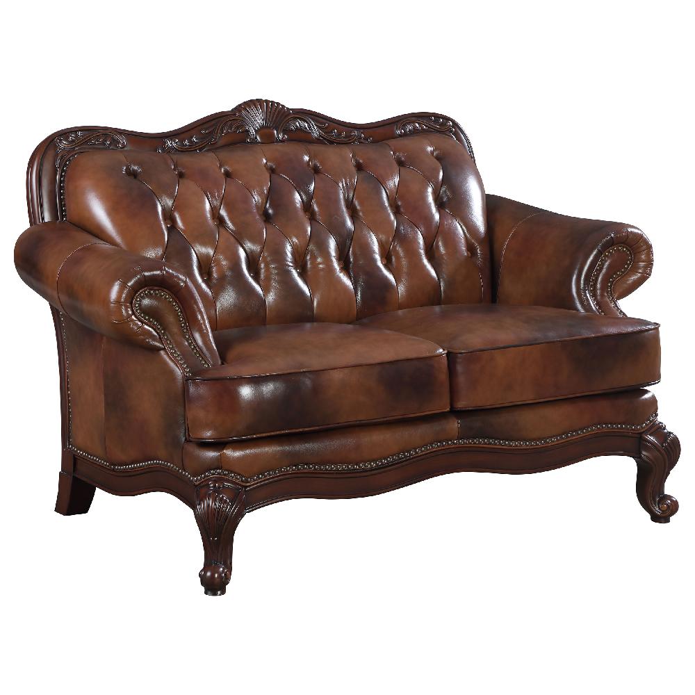 coaster Victoria Full Leather Upholstered Rolled Arm Loveseat Brown