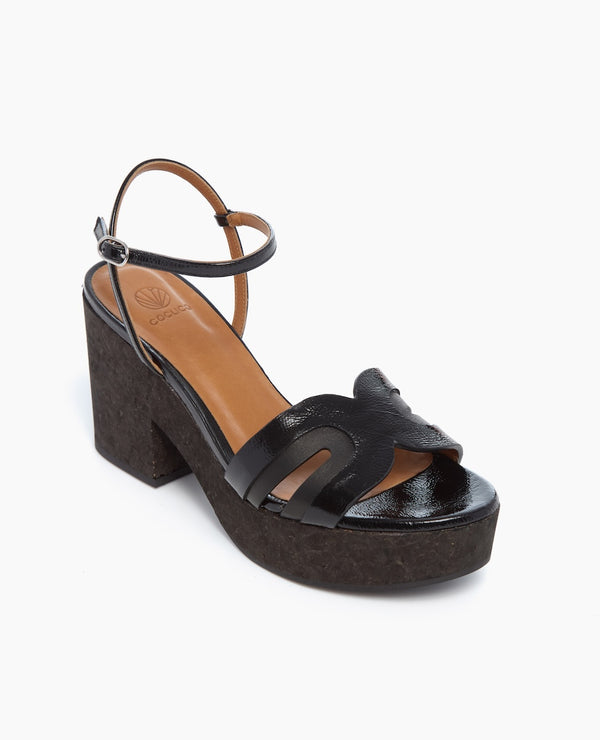 Coclico Bow WedgeBlack Crinkled Patent & Black Leather