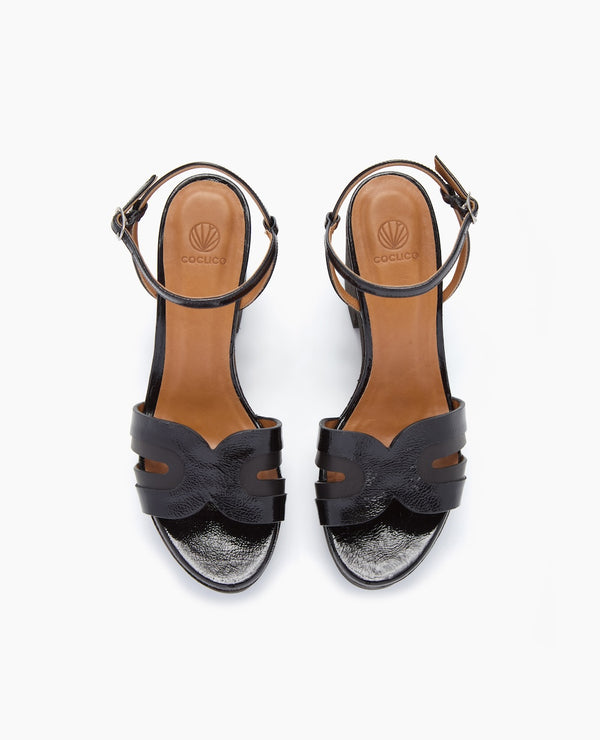 Coclico Bow WedgeBlack Crinkled Patent & Black Leather