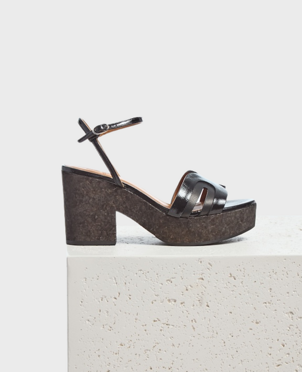 coclico Bow WedgeBlack Crinkled Patent & Black Leather