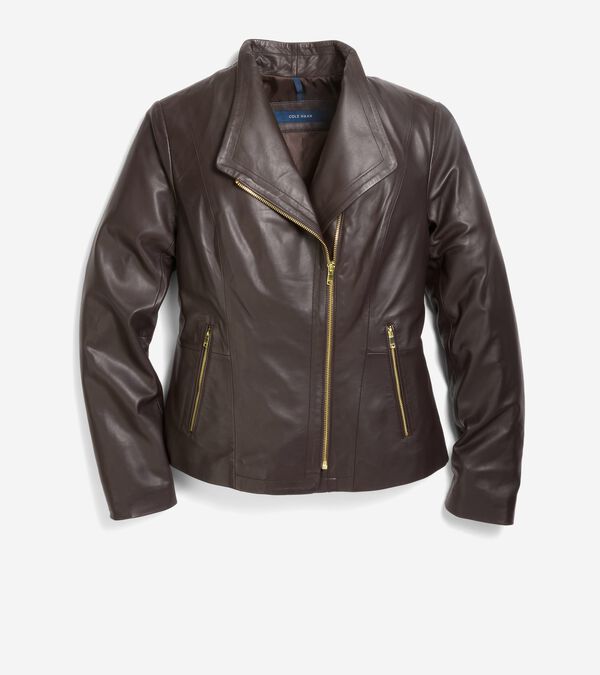 Cole Haan Moulded Collar Asymmetric Leather Jacket