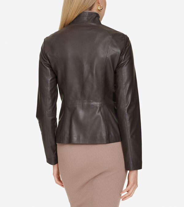 Cole Haan Moulded Collar Asymmetric Leather Jacket