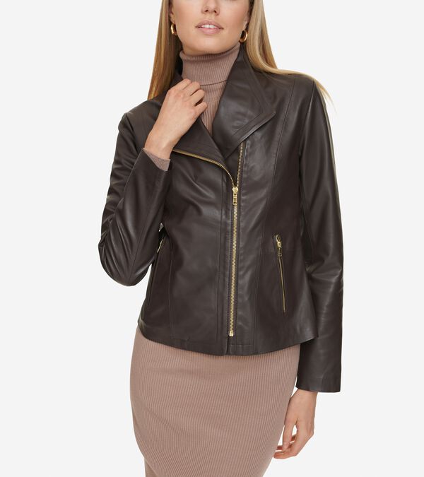 cole haan Moulded Collar Asymmetric Leather Jacket