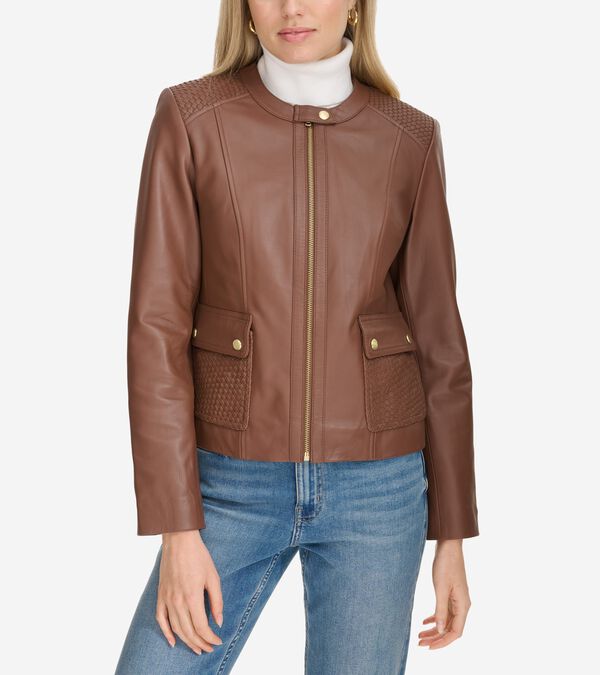 cole haan Women's Curved-Seam Leather Jacket