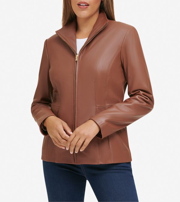 cole haan Women's Wing Collar Leather Jacket
