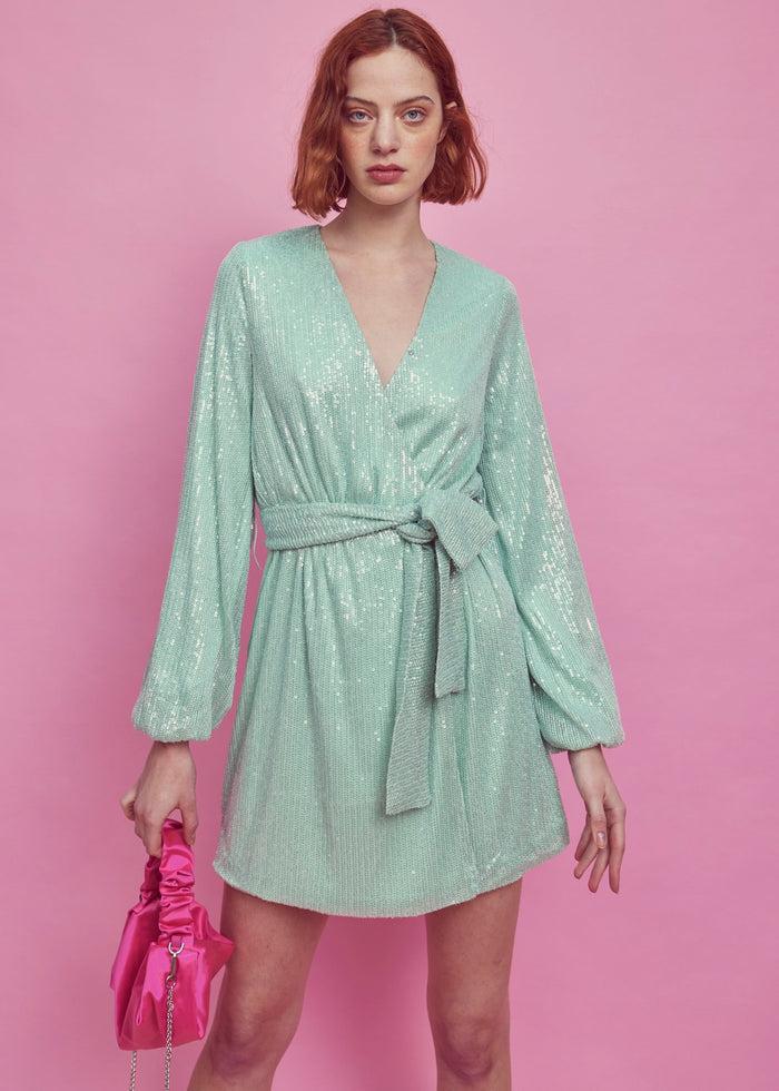 Collective The Label Alice Tie-Waist Mini-Dress - Green Sequin