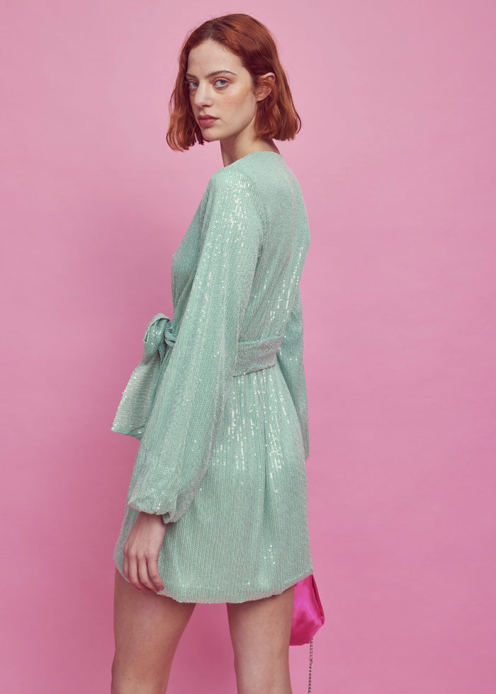 Collective The Label Alice Tie-Waist Mini-Dress - Green Sequin