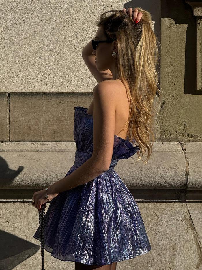 collective The Label Callie Gathered Bandeau Mini Dress-Purple-Blue Metallic