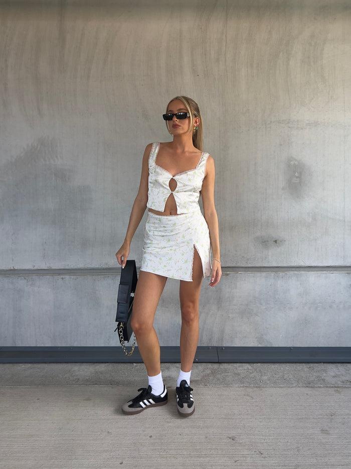 collective the label Cassidy Co-ord Wrap Mini-Skirt - Green-Pink Stem Floral