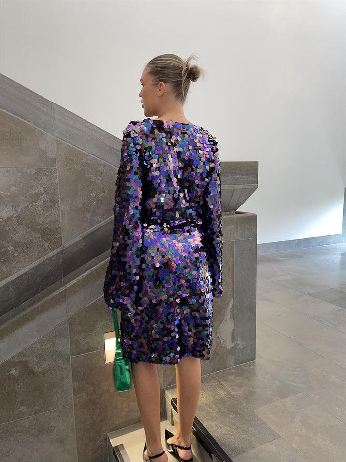 Collective The Label Curve Mackenzie Flared Sleeve Sequin Mini-Dress - Petrol Mix