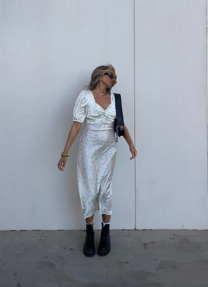 Collective The Label Felicity Twist Front Midaxi Dress - Green-Pink Stem Floral