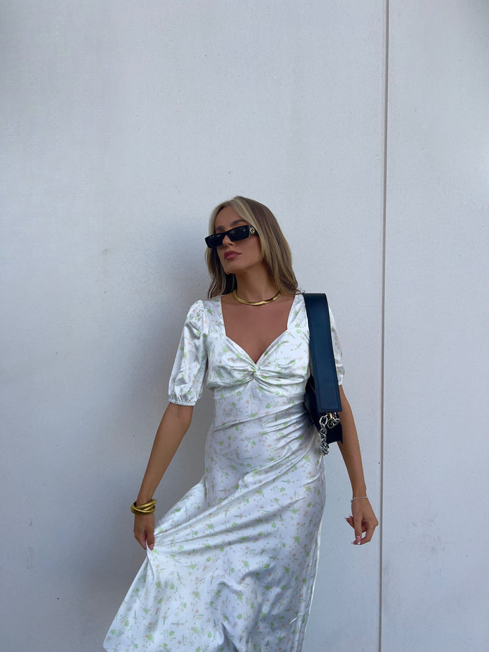 collective the label Felicity Twist Front Midaxi Dress - Green-Pink Stem Floral