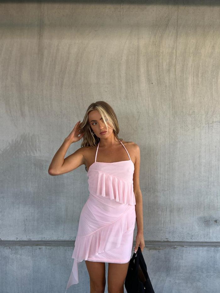 Collective The Label Kendall Halterneck Ruffle Mini Dress - Pale-Pink