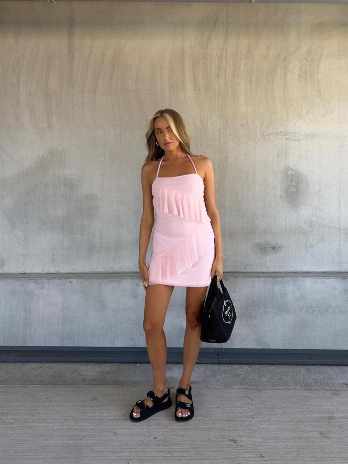 collective the label Kendall Halterneck Ruffle Mini Dress - Pale-Pink collective the label Kendall Halterneck Ruffle Mini Dress - Pale-Pink