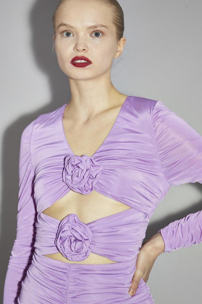 Collective The Label Lilac-Orchid Rose-Applique Ruched Mini-Dress