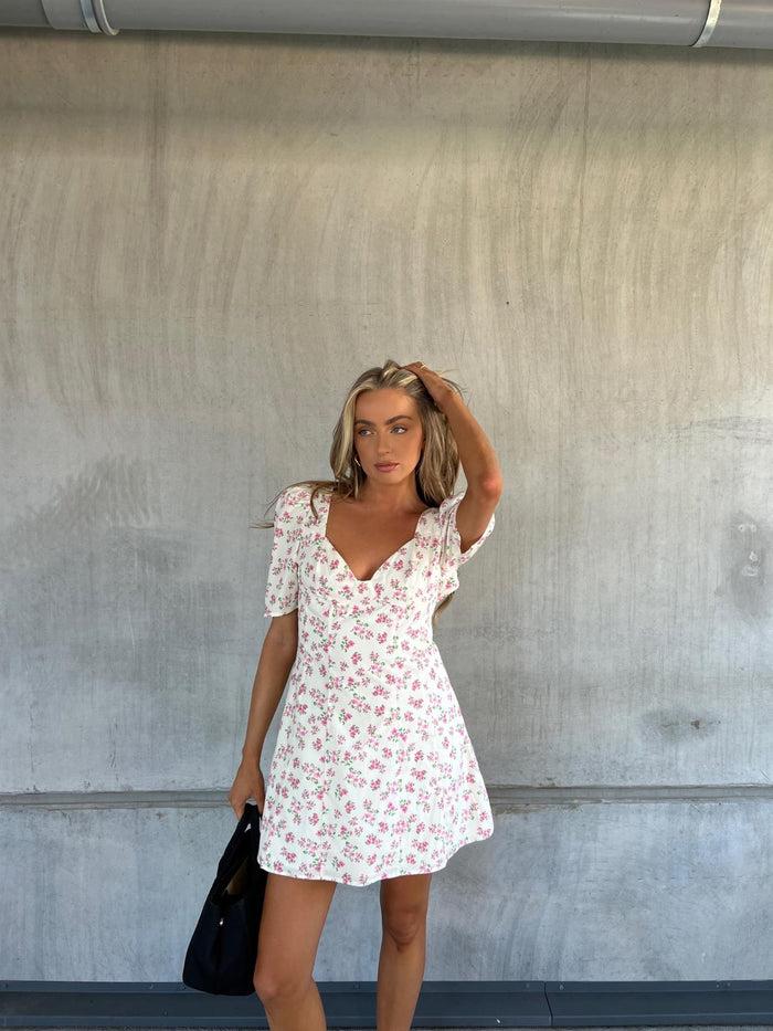 Collective The Label Lola Skater Mini-Dress - Cream-Pink Bouquet