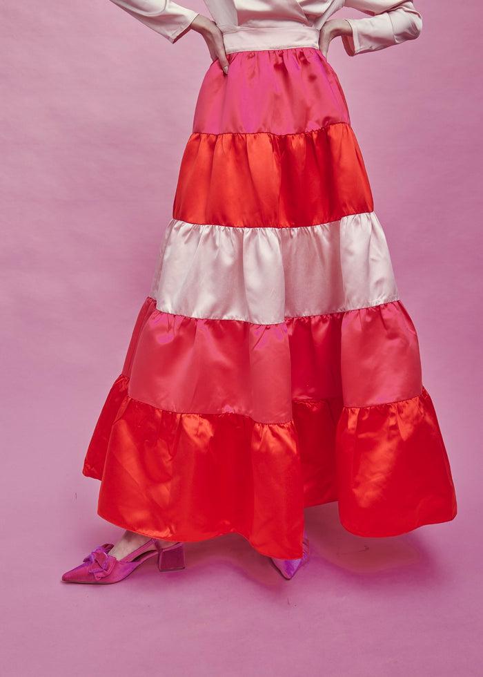 Collective The Label Nancy Gathered Tiered Midi Skirt - Pink/Red