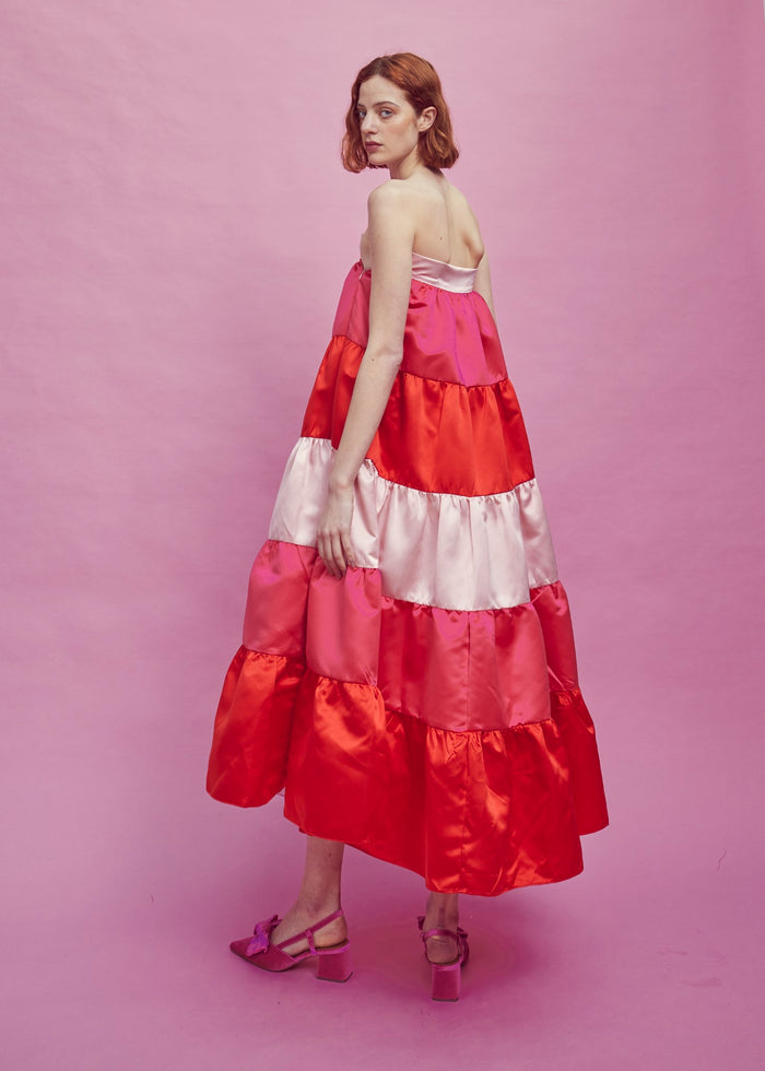 Collective The Label Nancy Gathered Tiered Midi Skirt - Pink/Red