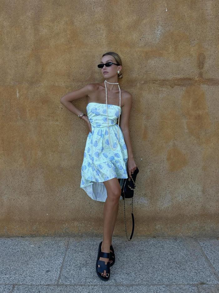 collective the label Niamh Strapless Hi-Low Dress -Mint-Blue Floral collective the label Niamh Strapless Hi-Low Dress -Mint-Blue Floral