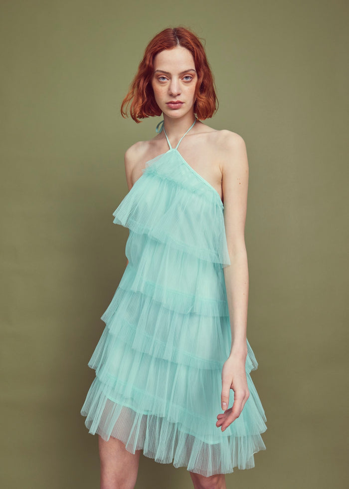 Collective The Label Nina Pleated Tulle Halterneck Mini-Dress - Turquoise