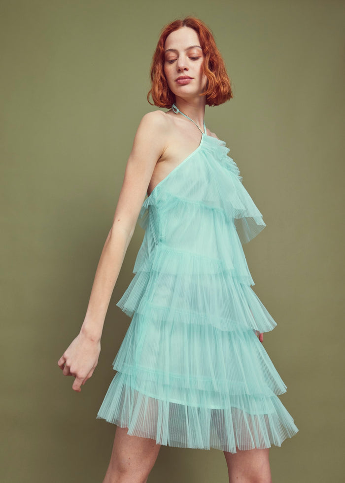 collective the label Nina Pleated Tulle Halterneck Mini-Dress - Turquoise