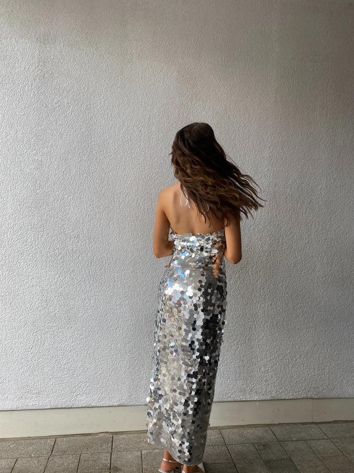 Collective The Label Petite Selena Halterneck Sequin Maxi Dress - Silver
