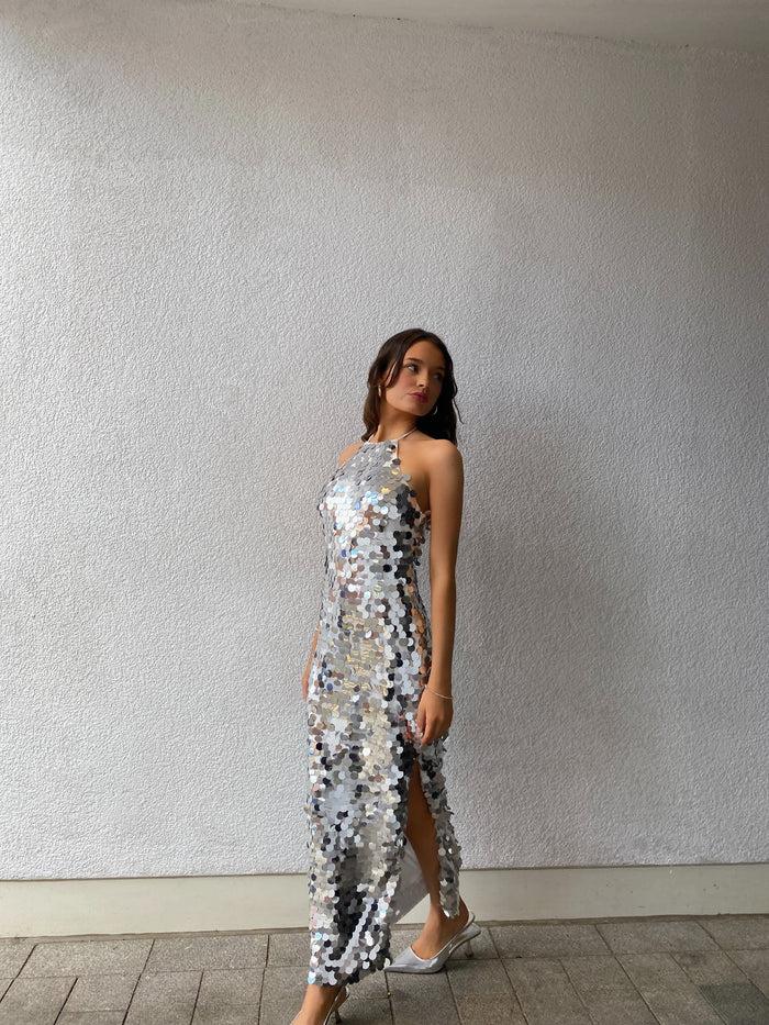 collective the label Petite Selena Halterneck Sequin Maxi Dress - Silver