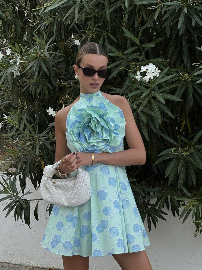 collective the label Rosie Corsage Skater Mini-Dress -Mint-Blue Floral collective the label Rosie Corsage Skater Mini-Dress -Mint-Blue Floral