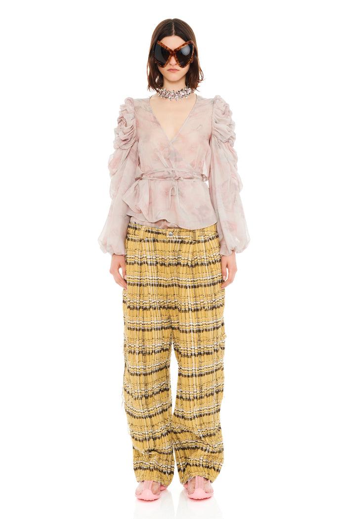 Collina Strada BEIGE WATERCOLOR ROSES CELOSIA WRAP TOP