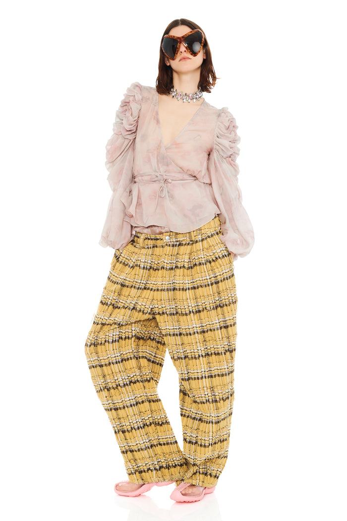 collina strada BEIGE WATERCOLOR ROSES CELOSIA WRAP TOP