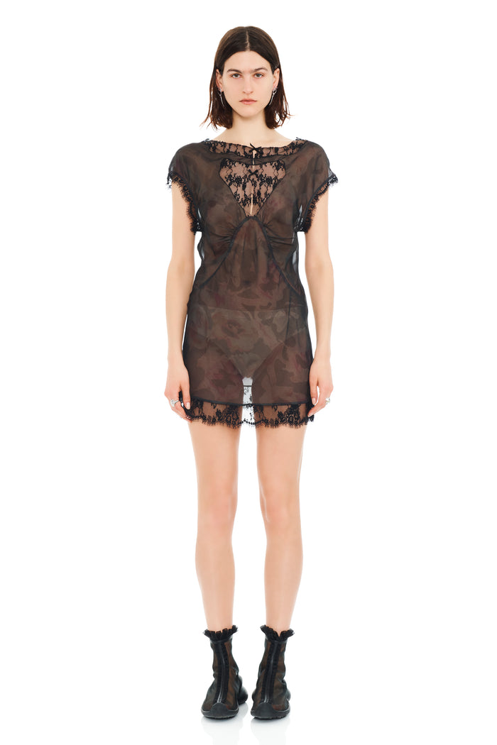 Collina Strada BLACK WATERCOLOR ROSES WATERLILY MINI DRESS