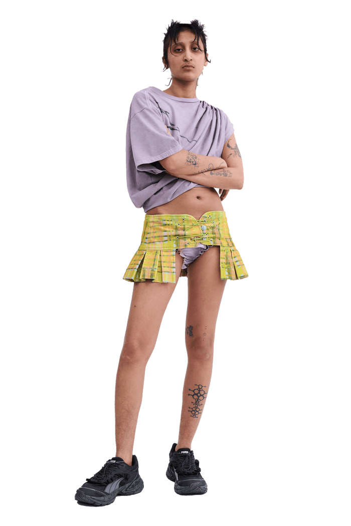 Collina Strada LIME PLAID CORDUROY BUNGEE BELT Medium/Large