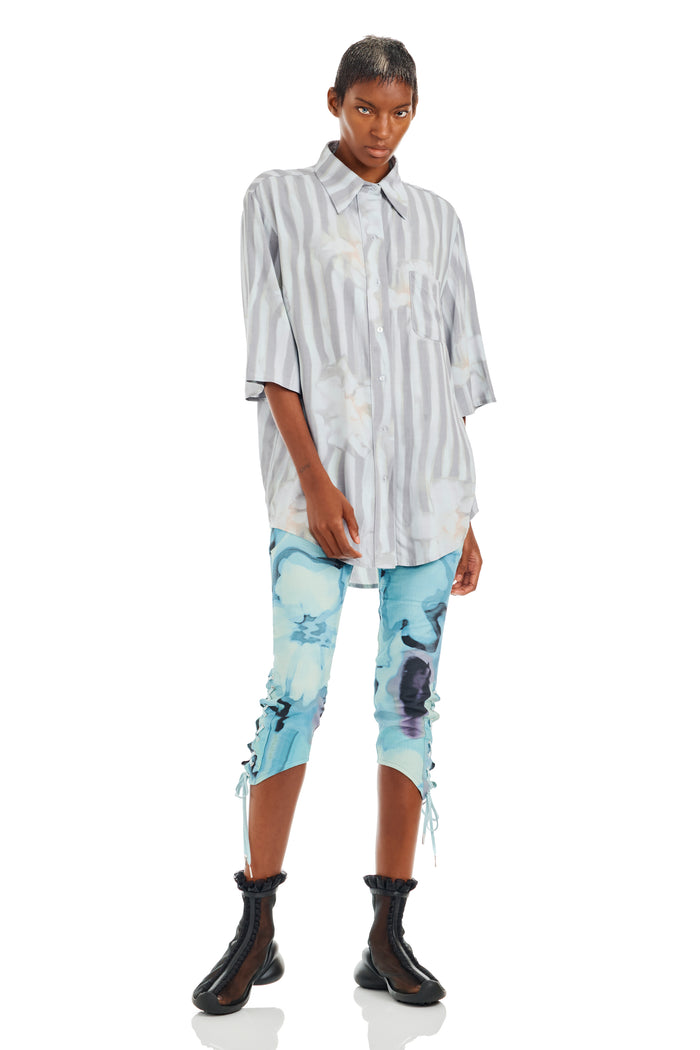 Collina Strada WASHED WAVY NAVY FLOWER STRIPE SUNNY BUTTON UP