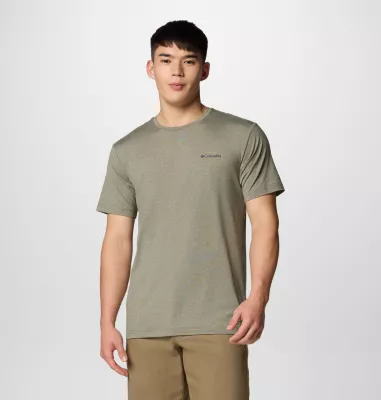 Columbia Men's Kwick Hike™ Back Graphic Short Sleeve T-Shirt Stone Green Heather Linear View Multi
