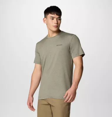 Columbia Men's Kwick Hike™ Back Graphic Short Sleeve T-Shirt Stone Green Heather Linear View Multi