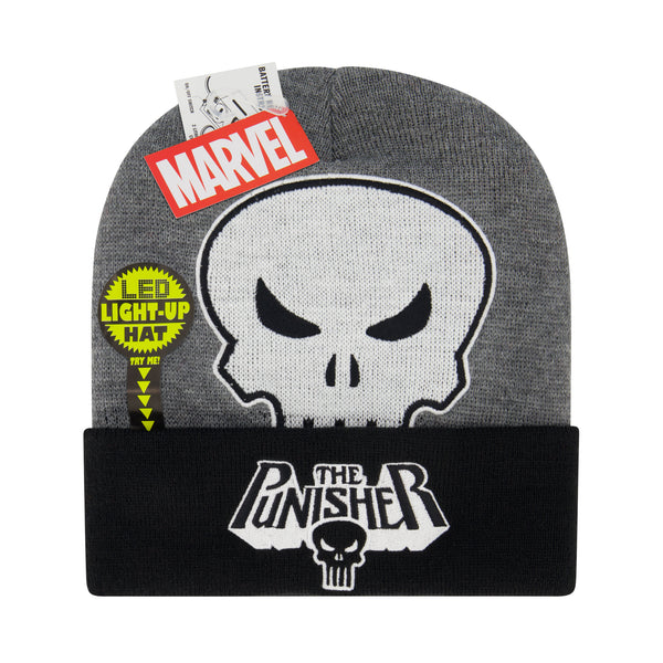 Concept One Marvel The Punisher Beanie Hat LED Light Up Winter Knit Cap With Skull Logo And Cuff Grey One Size
