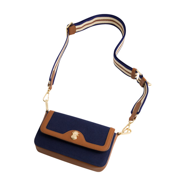 Concept One Tommy Bahama Leather Trim Solid Canvis Double Crossbody Navy/Tan