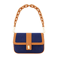 concept one Tommy Bahama Solid Canvas Flap With Double Leather Stap. Navy/Tan