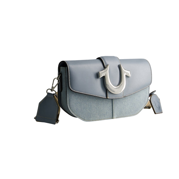Concept One True Religion Denim Saddle Bag With Oversized Horseshoe Logo Blue