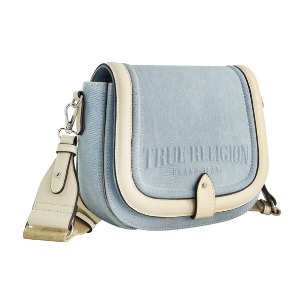 Concept One True Religion Distressed Logo Denim Saddle Bag LIGHT BLUE