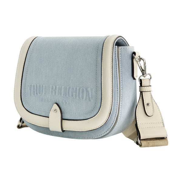 Concept One True Religion Distressed Logo Denim Saddle Bag LIGHT BLUE