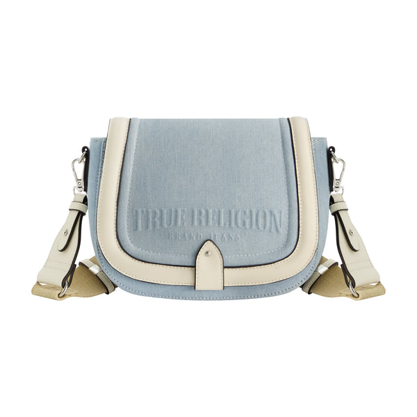 concept one True Religion Distressed Logo Denim Saddle Bag LIGHT BLUE